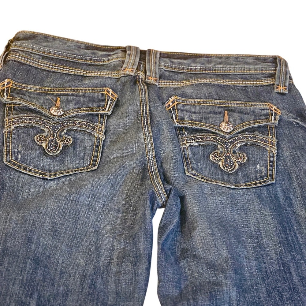 Rock Revival Bootcut Jeans Dark Wash Rhinestone Fleur De Lis 11x34 - Picture 3 of 5